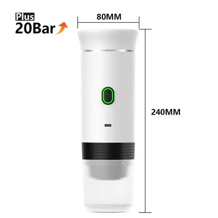 Tazzi Portable Espresso Maker 3-in-1 in clean white colorway with dimensions labeled — color variant product image showing exact measurements and the sleek white finish