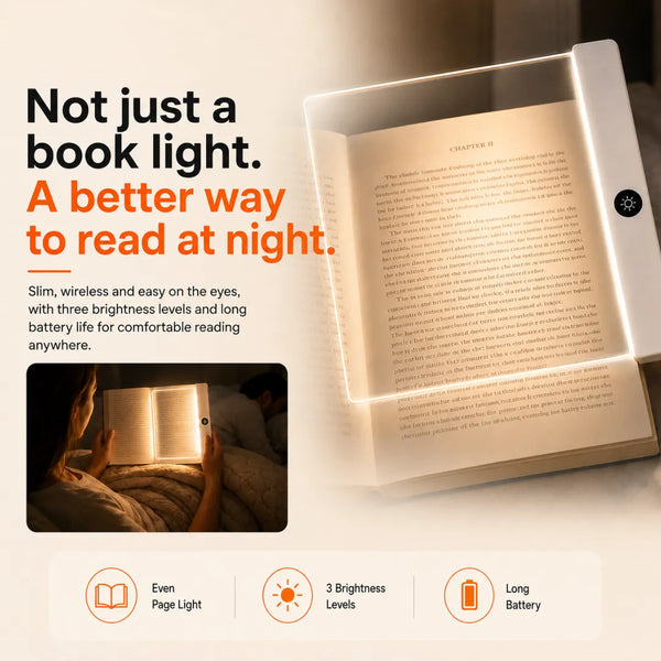 VisionGlow flat panel reading light on open book — not just a book light, a better way to read at night — even page light, 3 brightness levels, long battery — cream background