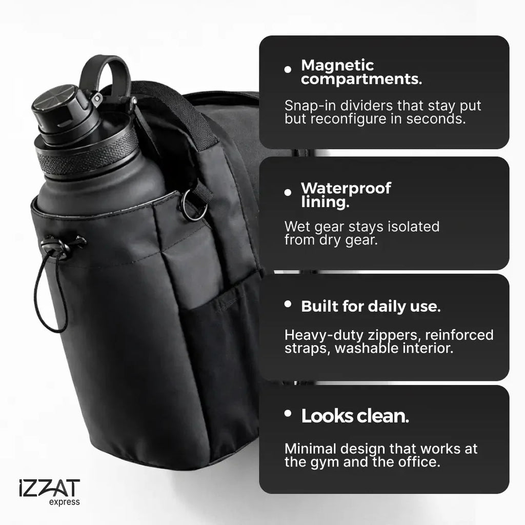 Benefits infographic for the Tazzi IronGrip Gym Vault highlighting magnetic closure system, waterproof material, and organizational features — callout cards with icons explaining each key advantage