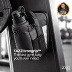 Hero lifestyle image of the Tazzi IronGrip Gym Vault bag fully organized in a gym setting — showing the magnetic closure, multiple compartments, and clean interior layout with gym gear neatly stored