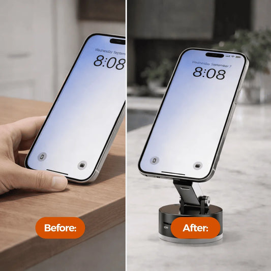 Before-and-after comparison: left side shows a hand awkwardly propping a phone on a wooden table, right side shows the same phone perfectly positioned on the Tazzi MagnaFold magnetic phone stand on a marble counter — dramatic improvement visual
