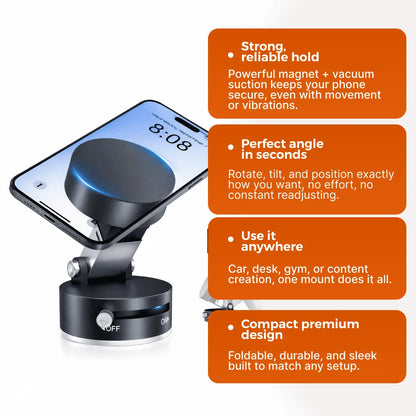 Benefits infographic for the Tazzi MagnaFold Phone Mount with four orange callout cards: 1) Strong reliable hold with powerful magnet + vacuum suction, 2) Perfect angle in seconds — rotate and tilt freely, 3) Use it anywhere — car, desk, gym, content creation, 4) Compact premium foldable design