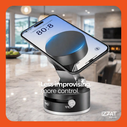 Tazzi MagnaFold Phone Mount displayed on a marble kitchen counter in an upscale home interior — the phone rests at a perfect tilt angle with text overlay 'Less improvising, more control' and IZZAT Express branding on orange border