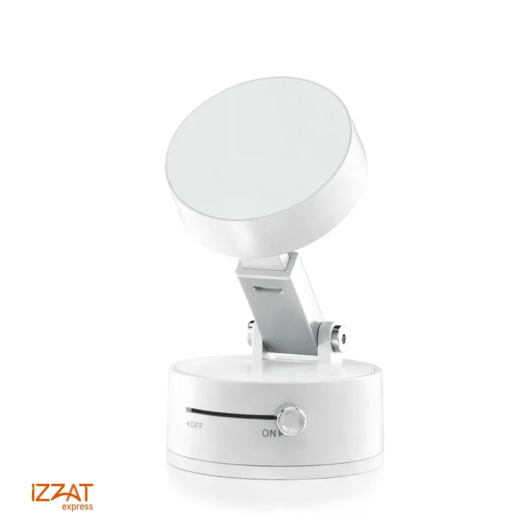 Tazzi MagnaFold Phone Mount in clean white colorway — white background product shot showing the round magnetic head extended on the adjustable arm and white cylindrical base with silver ON/OFF control
