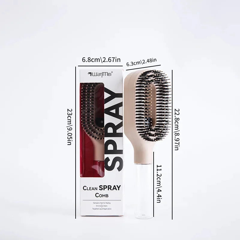 Tazzi MistPro Spray Comb in beige/cream color next to its retail box with dimension callouts — labeled measurements: 6.8cm wide, 23cm tall box and 6.3cm wide, 22.8cm tall comb with 11.2cm water reservoir