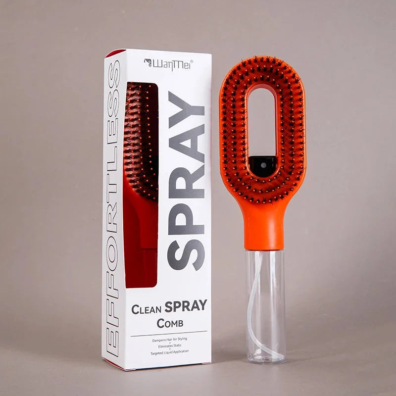 Tazzi MistPro Spray Comb in bold orange colorway alongside its retail box labeled 'EFFORTLESS' — vivid orange color variant product shot on gray background highlighting the spray mechanism
