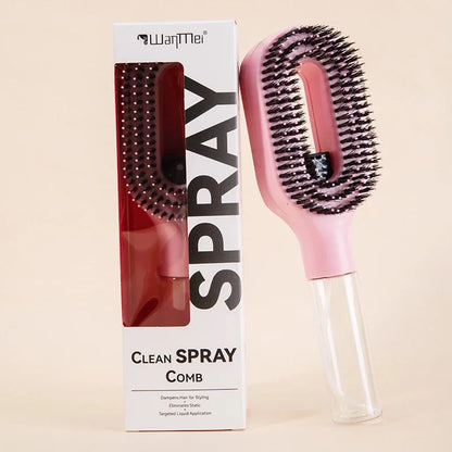 Tazzi MistPro Spray Comb in rose pink colorway alongside its retail box — elegant pastel pink variant product shot on cream background showing the ergonomic handle and spray reservoir