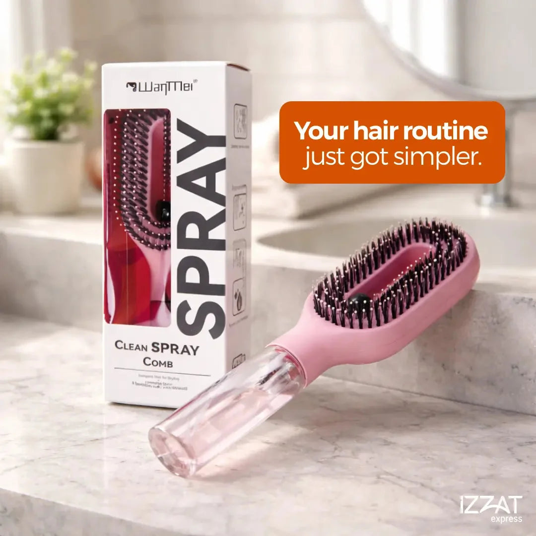 Tazzi MistPro Spray Comb and its retail box displayed on a white marble surface — elegant product lifestyle shot showing packaging design, product silhouette, and water reservoir detail