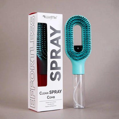 Tazzi MistPro Spray Comb in teal/mint green color alongside its retail box labeled 'EFFORTLESS' — vibrant color variant shot showing the bright bristles and clear water reservoir against a neutral background