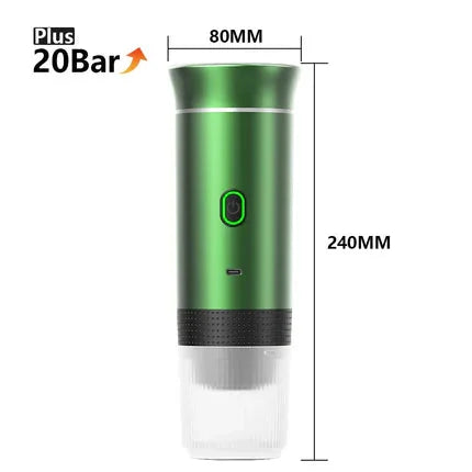 Tazzi Portable Espresso Maker 3-in-1 in forest green colorway with dimensions labeled — color variant product image showing exact measurements and compact size of the green edition
