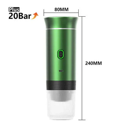Tazzi Portable Espresso Maker 3-in-1 in forest green colorway with dimensions labeled — color variant product image showing exact measurements and compact size of the green edition