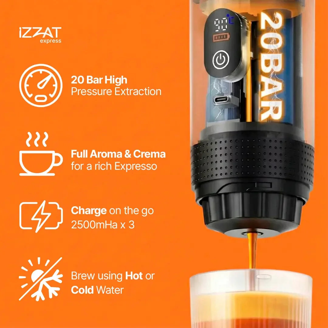 Side-by-side or split graphic showing the Tazzi Portable Espresso Maker working in both hot and cold brew modes — illustrating versatility for iced lattes, hot espresso, and cold beverages