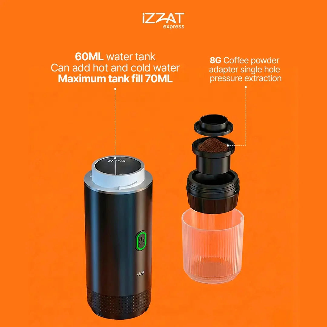 Tazzi Portable Espresso Maker shown against a bold orange background with labeled callouts for water tank capacity, pressure specs, and key technical features — infographic-style product image