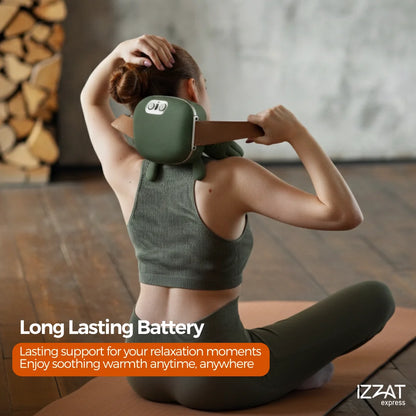 Woman in yoga pose wearing the Tazzi RelaxingTouch massager — lifestyle image emphasizing long battery life and compatibility with wellness routines and active lifestyles