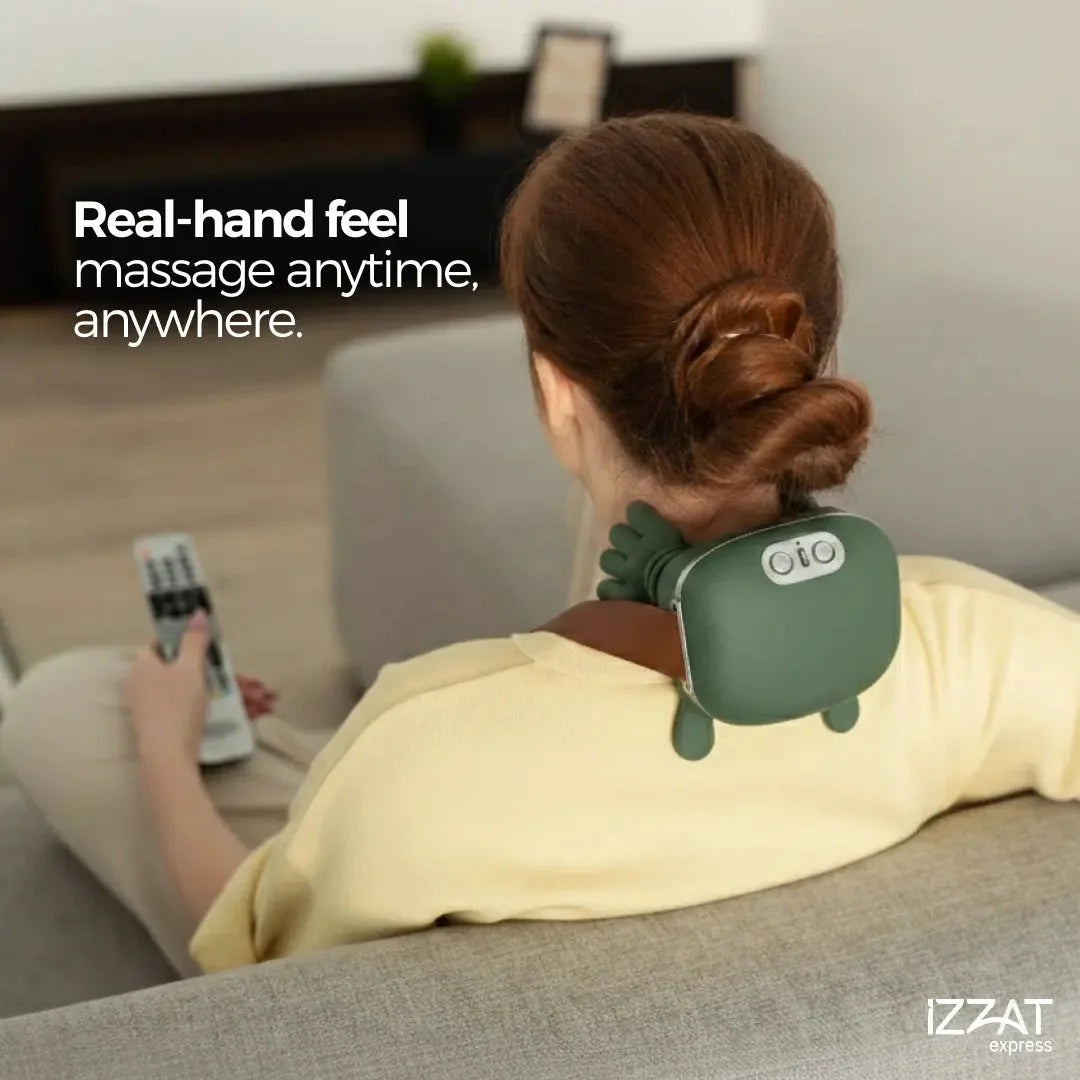 Woman relaxing on a sofa watching TV while wearing the Tazzi RelaxingTouch neck massager — hands-free use lifestyle scene showing how the massager fits seamlessly into everyday home relaxation