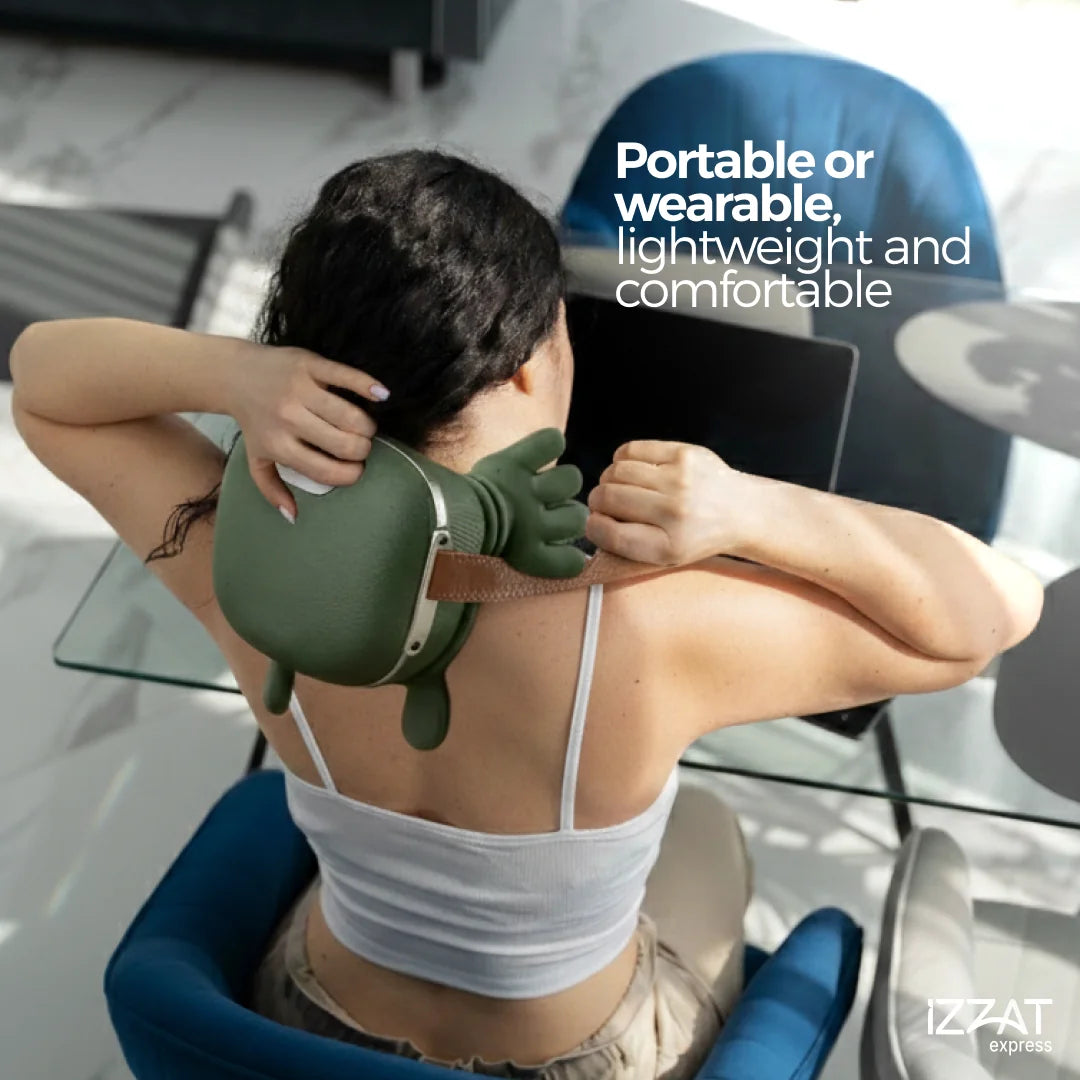 Person wearing the Tazzi RelaxingTouch massager around their neck while going about daily activities — portable, wireless, and wearable design demonstrated in an on-the-go lifestyle setting