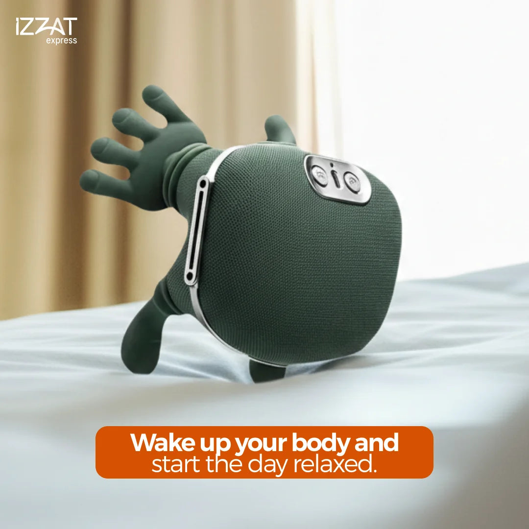 Clean standalone product shot of the Tazzi RelaxingTouch neck and shoulder massager showing the full U-shaped design, massage nodes, and control panel against a neutral background